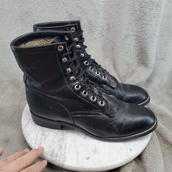 Justin Boots Shoes Youth Unisex Size 6 Black Leather Roper Lace Up Boots - Picture 4 of 11
